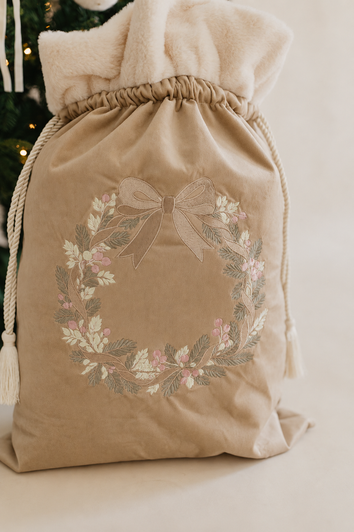 Deluxe Embroidered Santa Sack | Golden Wreath
