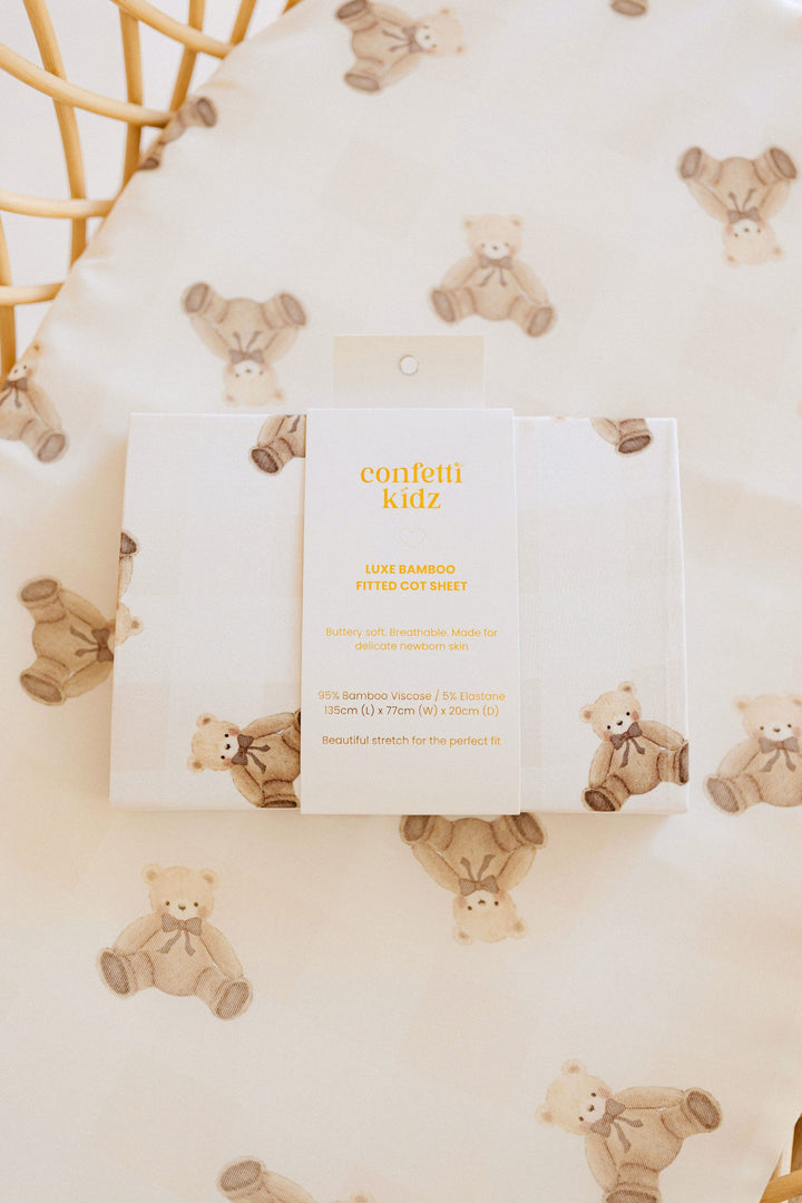 Gingham Teddy | Fitted Bamboo Cot Sheet