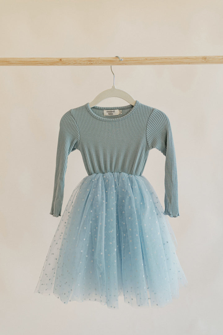 Dusty Blue Dots - Long Sleeve Tulle Dress