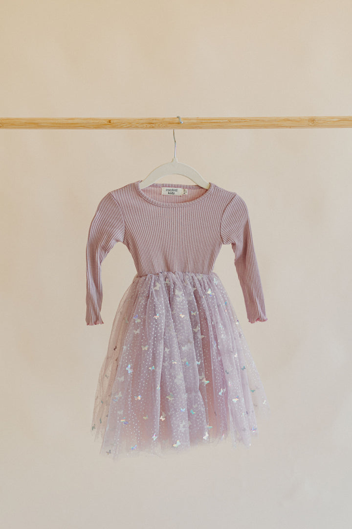 Mauve Butterflies - Long Sleeve Tulle Dress