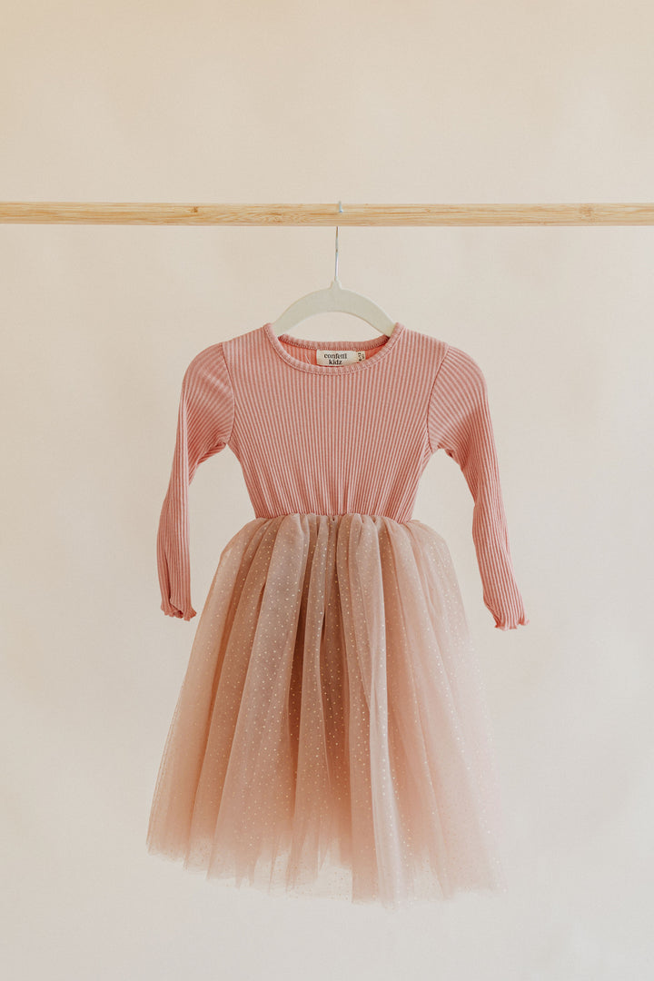Dusty Pink Sparkles - Long Sleeve Tulle Dress