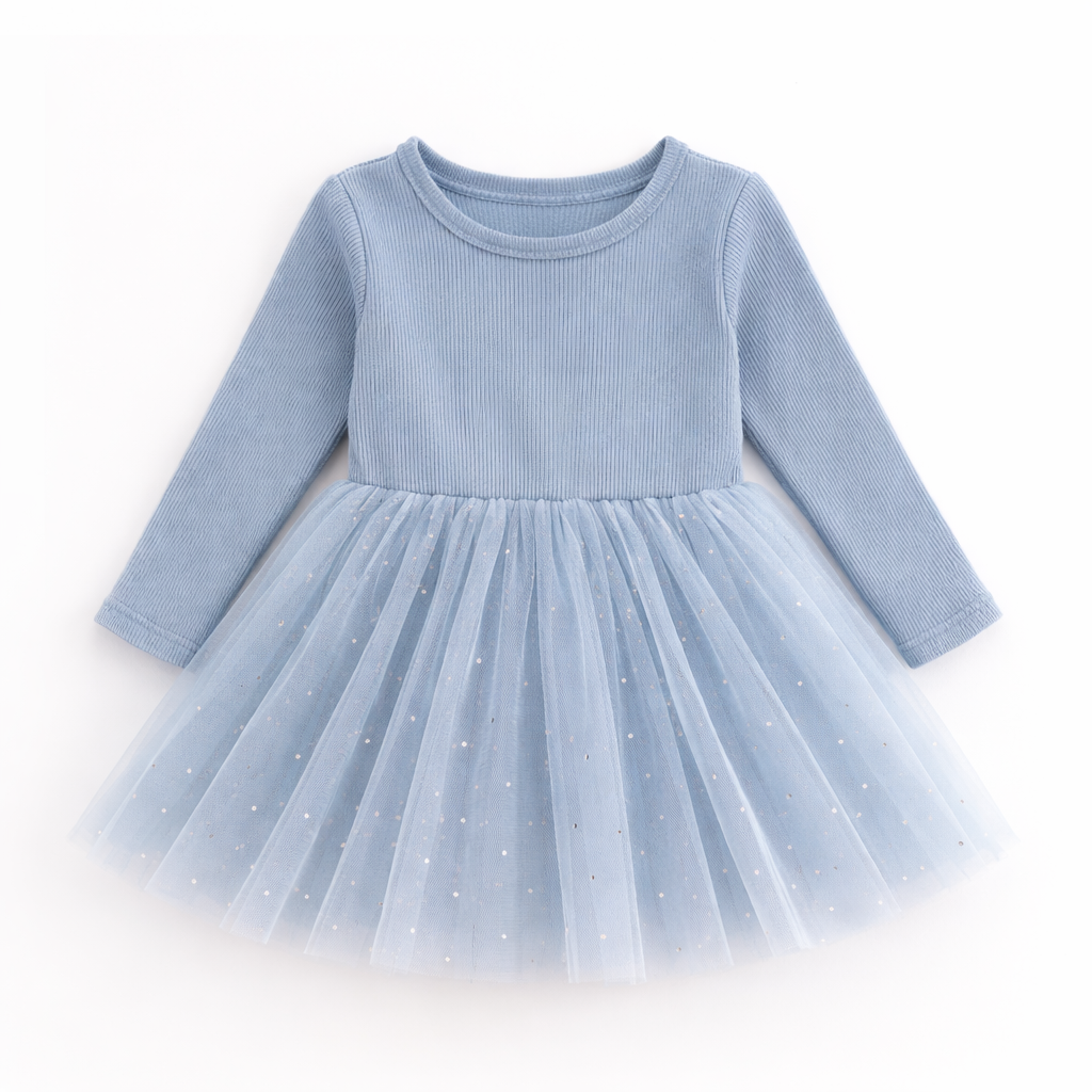 Dusty Blue Dots - Long Sleeve Tulle Dress
