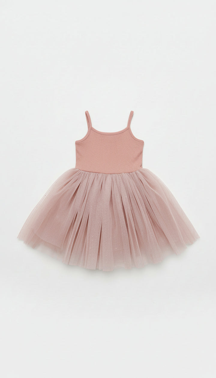 Ribbed Tulle Dress - Dusty Pink