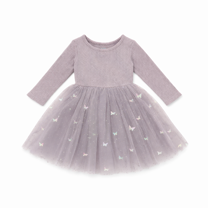 Mauve Butterflies - Long Sleeve Tulle Dress