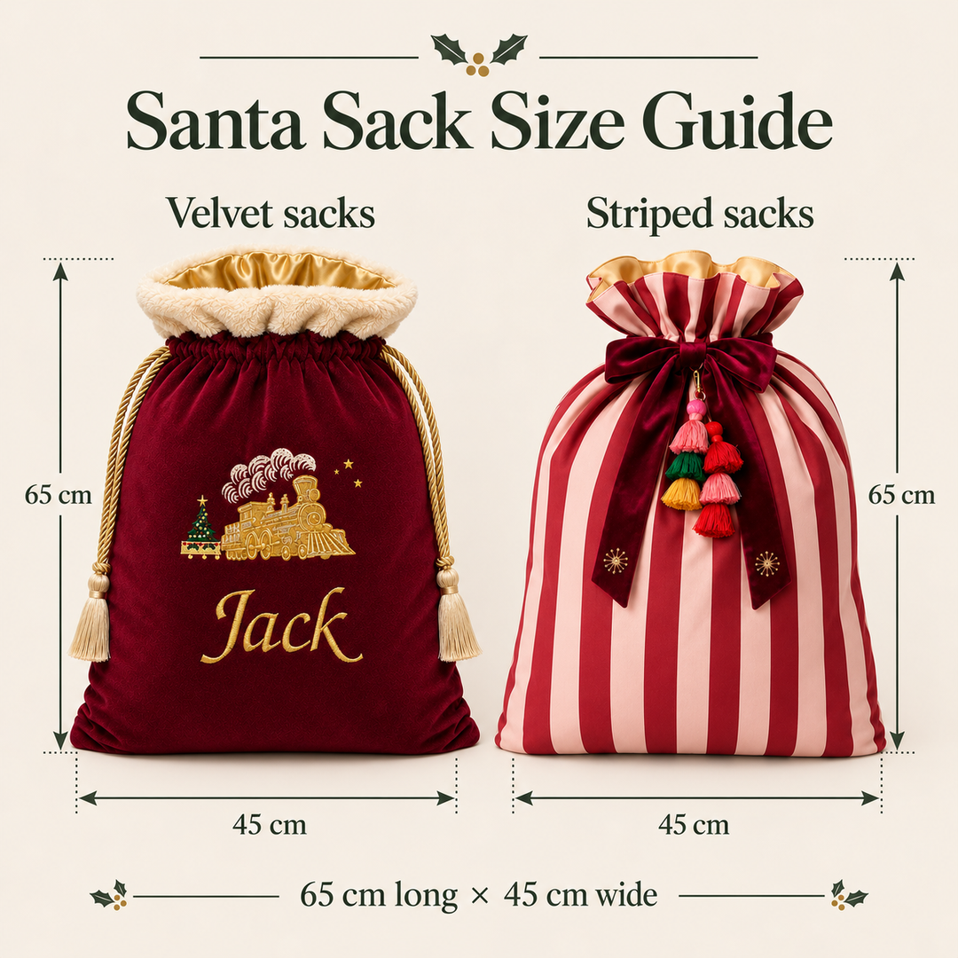 Santa sack size guide: velvet and striped sacks measure 65 cm long and 45 cm wide.