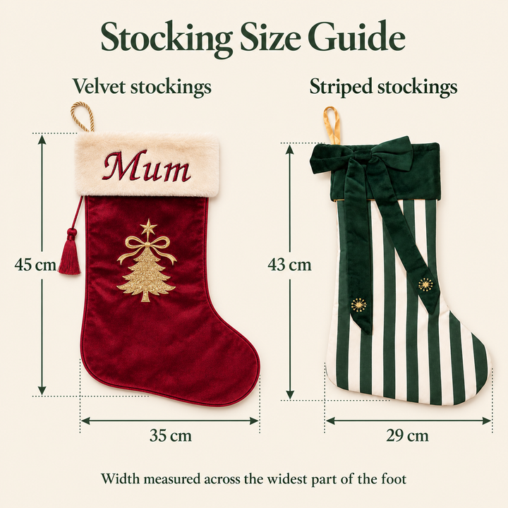 Stocking size guide: velvet stockings 45 cm long and 35 cm across the foot; striped stockings 43 cm long and 29 cm across the foot.