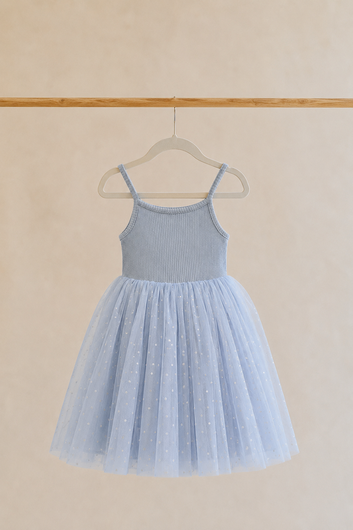 Ribbed Tulle Dress - Dusty Blue Dots