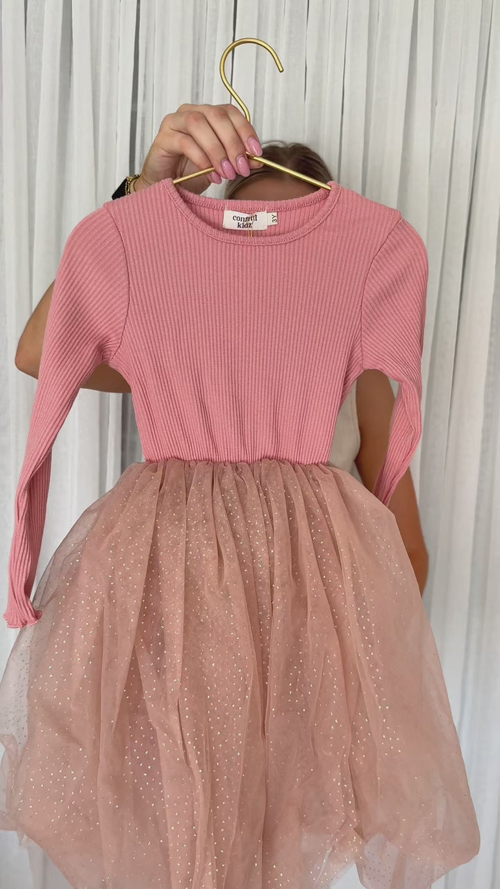 Dusty Pink Sparkles - Long Sleeve Tulle Dress